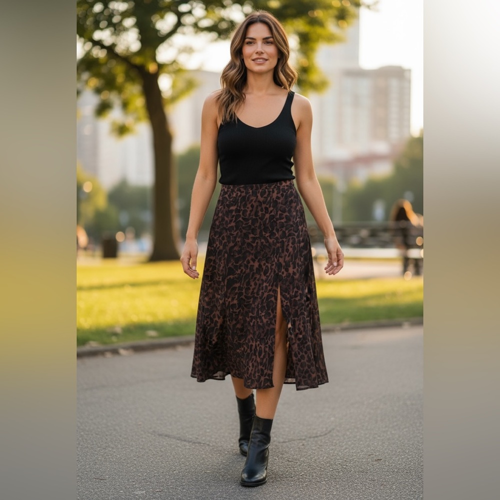 Tahari Brown Leopard Print Midi Skirt